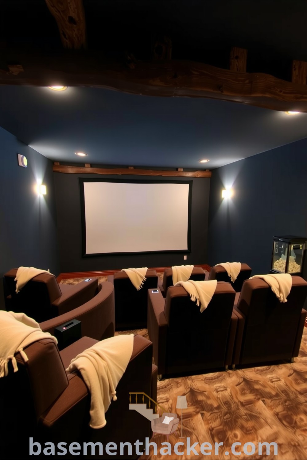 Cozy basement cinema featuring oversized plush chairs, warm lighting, and a popcorn machine, designed for ultimate entertaining, showcased on basementhacker.com.