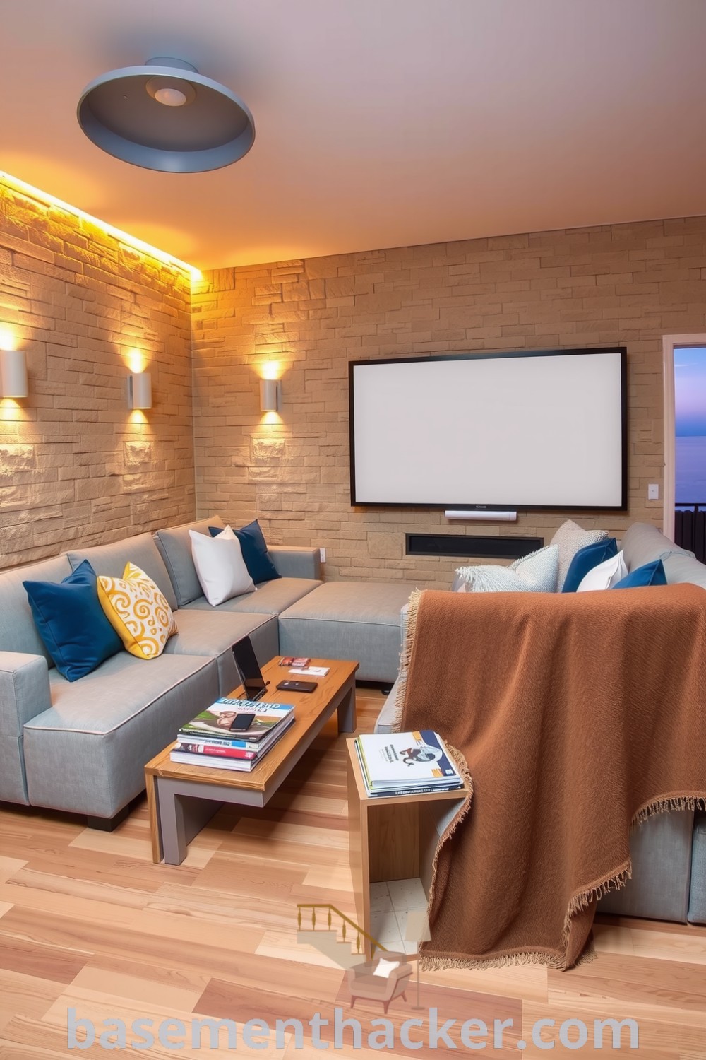 Stylish Smart-Tech Basement Living Room with plush oversized sofa, warm smart lighting, textured stone walls, and reclaimed wood coffee table, ideal for a cozy and functional home design showcased on basementhacker.com.