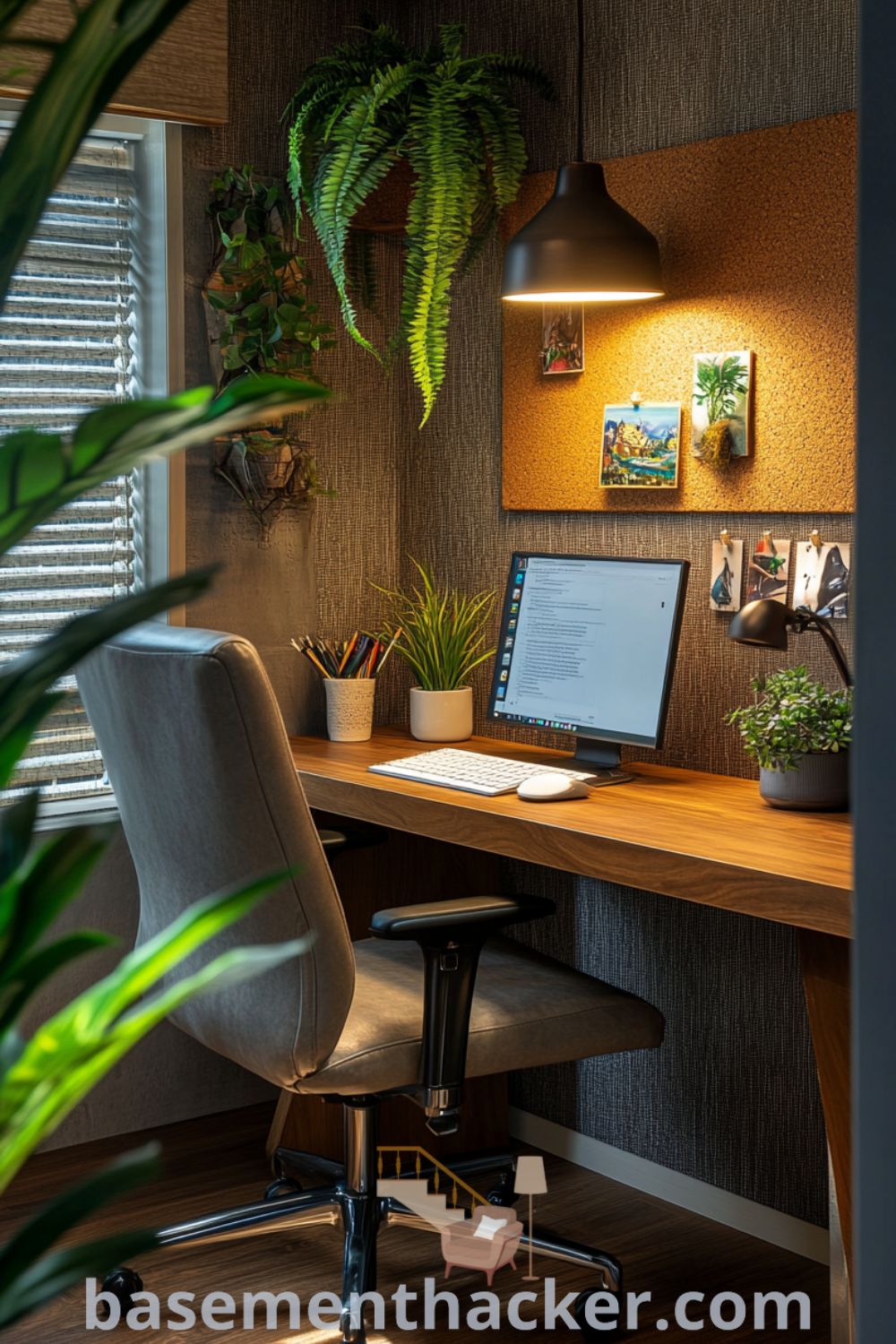Cozy modern basement office featuring a sleek wooden desk, ergonomic chair, leafy plants, and personal touches like framed photos, ideal for productivity and creativity, as seen on basementhacker.com.
