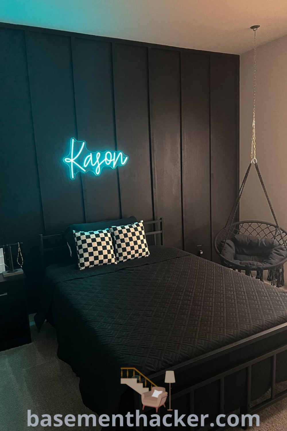 A stylish bedroom featuring a black bed adorned with neon lights and a hammock chair, showcasing innovative ideas for designing a black and neon boys