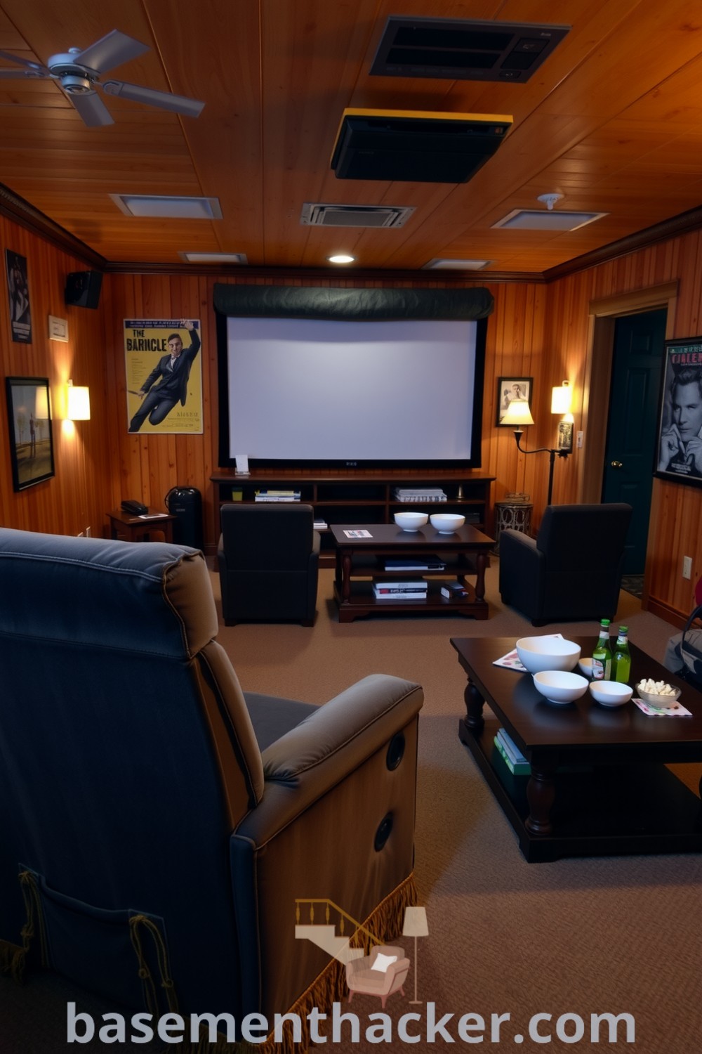 Dimly lit cozy movie room featuring a plush oversized denim recliner, rustic wooden walls, vintage movie posters, and ambient lighting, ideal for family and friends, highlighted on basementhacker.com.