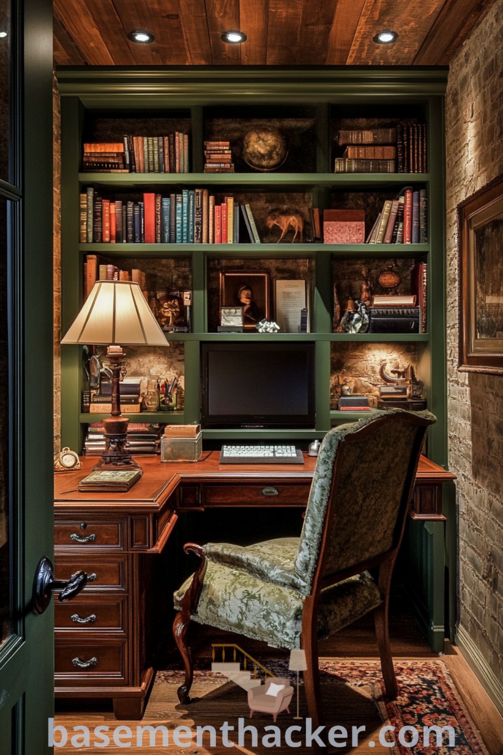 Classic basement office featuring warm lighting, a wooden desk, antique chair, and decorated shelves, designed for a cozy and organized home workspace, showcased on basementhacker.com.