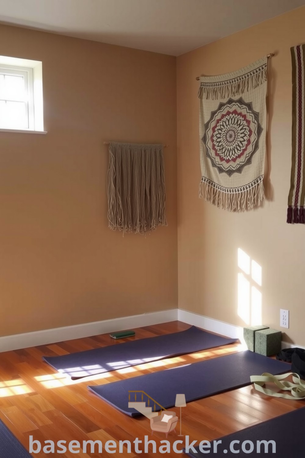 Calm basement yoga and stretching room with natural light, warm wooden floors, and earthy decor, showcasing yoga mats and accessories, designed for a stylish and functional home space, featured on basementhacker.com.