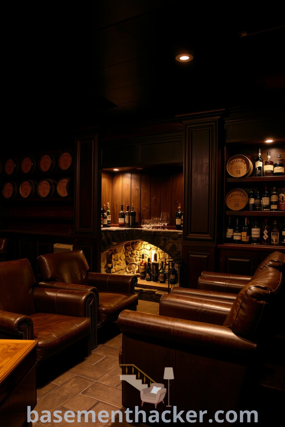 Dimly lit basement whiskey lounge featuring dark wood paneling, leather armchairs, a rustic bar with glassware, and a stone fireplace, creating a cozy space for ultimate entertaining, showcased on basementhacker.com.