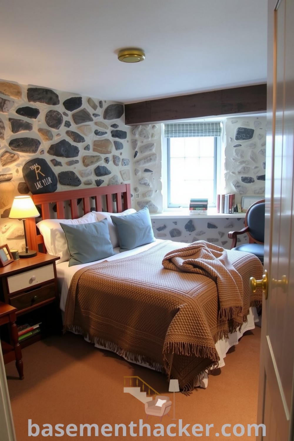 Cozy guest basement bedroom featuring a double bed with a thick blanket, mismatched nightstands, exposed stone walls, and a reading nook with a comfortable chair and books, presented on basementhacker.com.