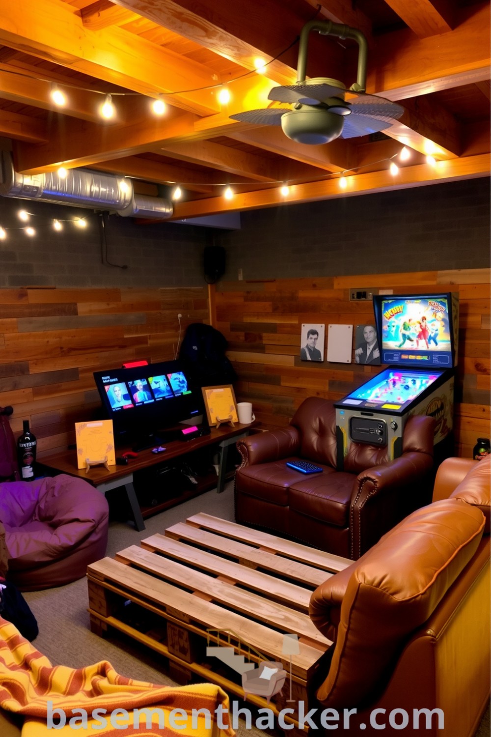 Beautifully designed basement lounge featuring a leather couch, vintage pinball machine, and fairy lights, perfect for ultimate entertaining, showcased on basementhacker.com.