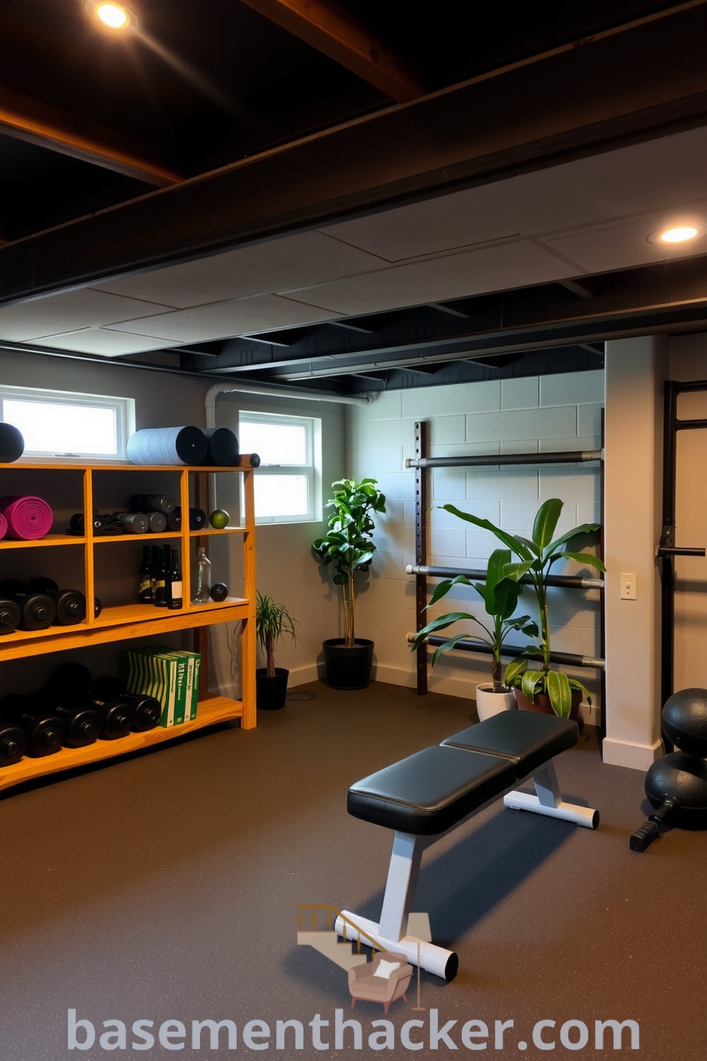 Cozy fitness room in a basement featuring wooden beams, weights, yoga mats, and houseplants, designed for stylish and functional home use, showcased on basementhacker.com.