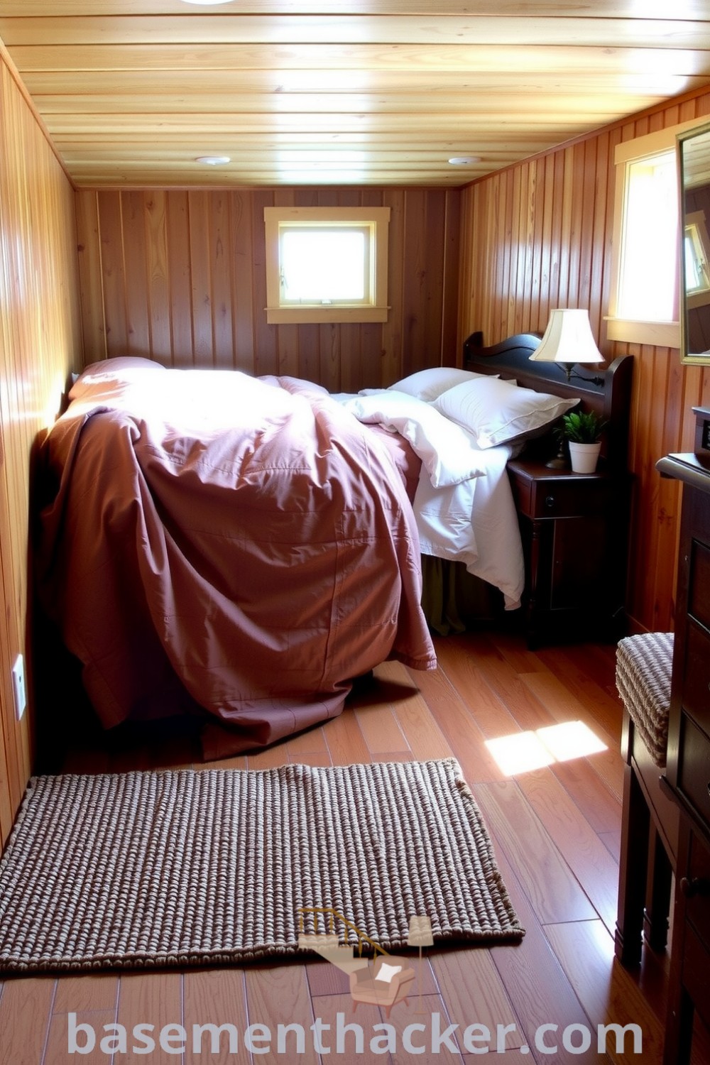 Inviting basement bedroom with warm wood paneling, oversized bed, vintage nightstand, and natural light, designed for relaxation and stylish comfort, featured on basementhacker.com.