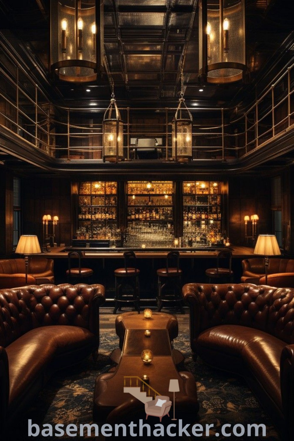 A dimly lit bar interior featuring leather couches and soft lamps, embodying the dark bar aesthetic and gentlemen