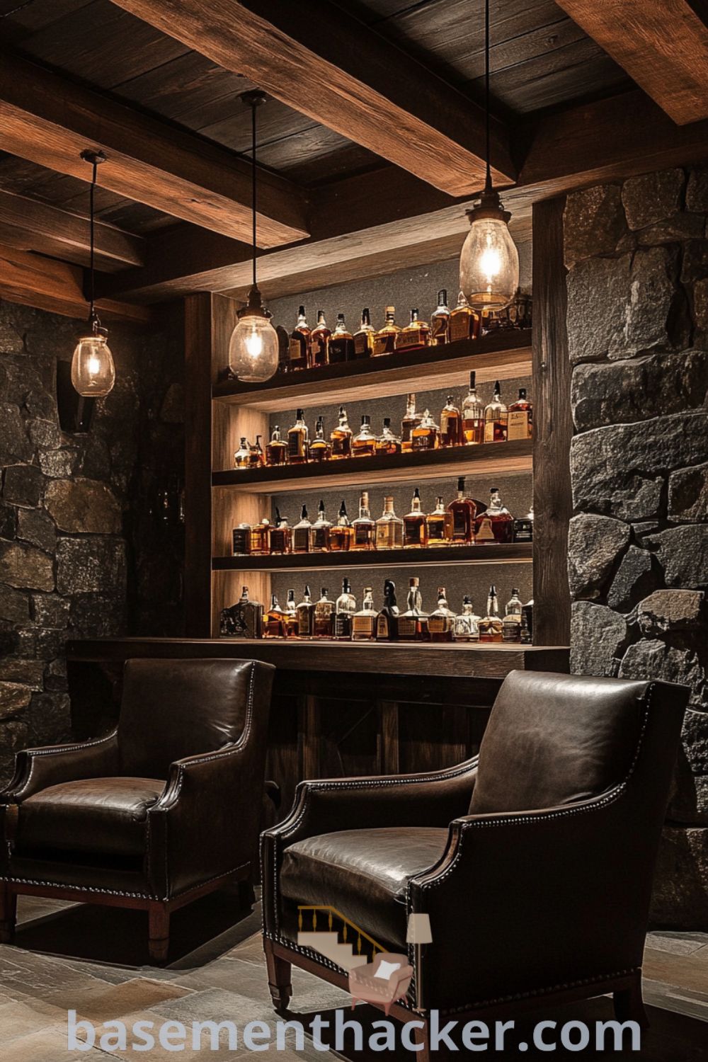 Stylish basement whiskey lounge bar with wooden shelves filled with glass bottles, polished mahogany bar top, and plush leather armchairs, perfect for cozy gatherings and intimate conversations, showcased on basementhacker.com.