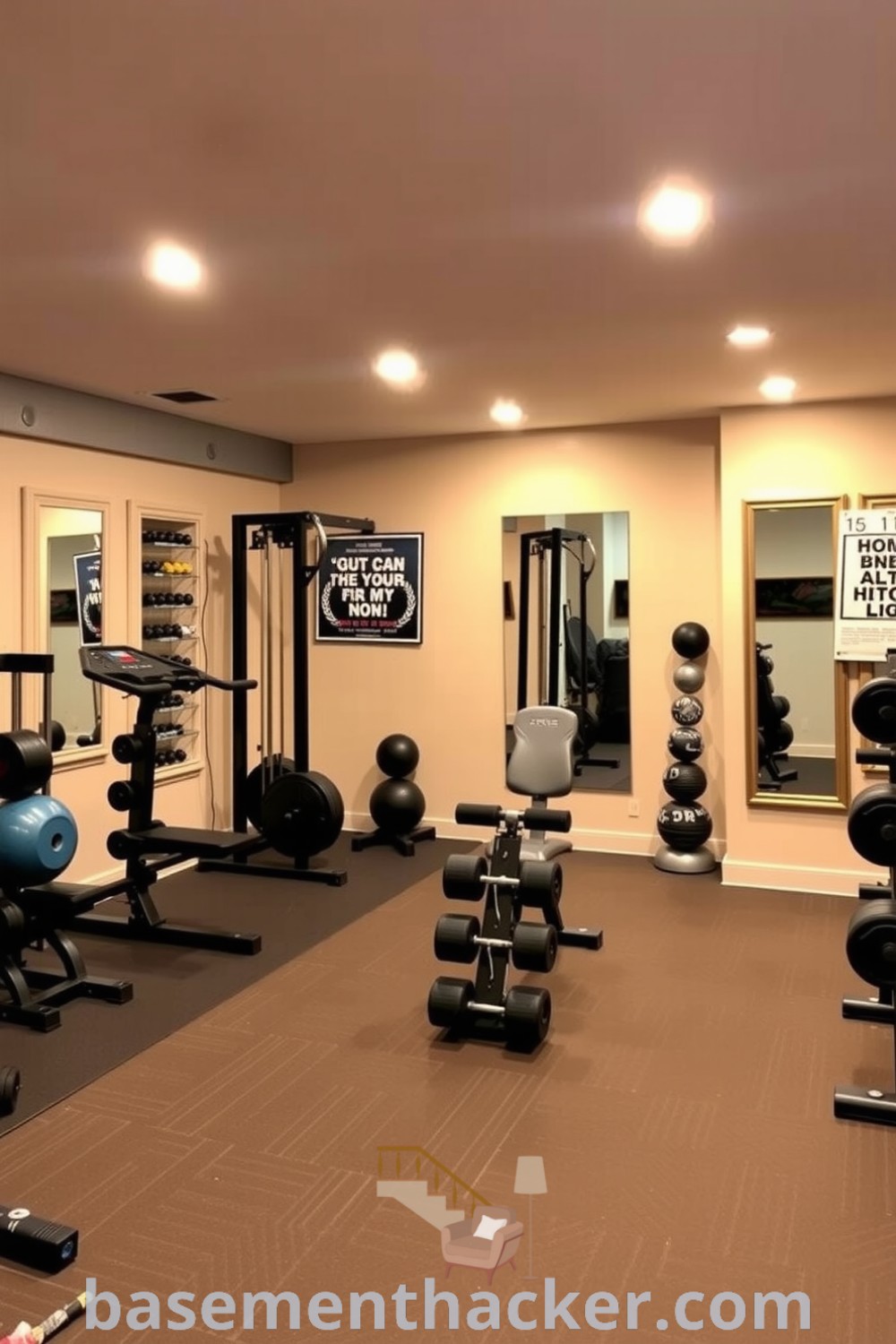 Innovative basement gym design featuring sturdy rubber flooring, mirrors, warm lighting, and neatly arranged weights for a stylish and functional home design, showcased on basementhacker.com.