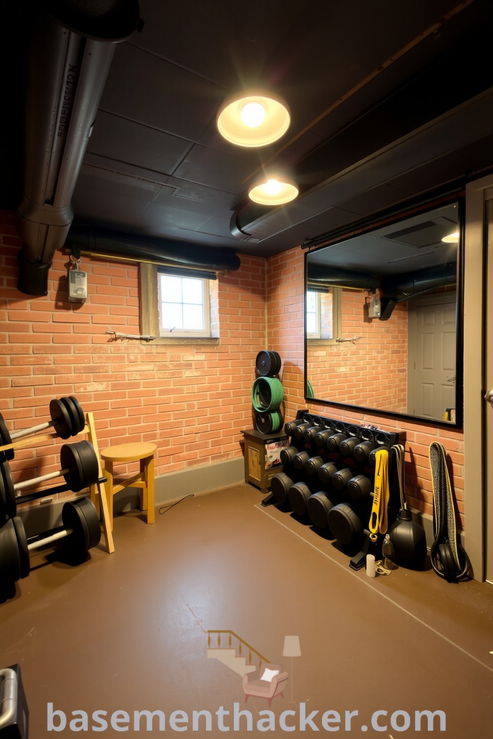 Charming basement gym featuring exposed brick walls, neatly organized weights and resistance bands, warm lighting, and a large mirror, designed for a cozy and functional workout space, showcased on basementhacker.com.