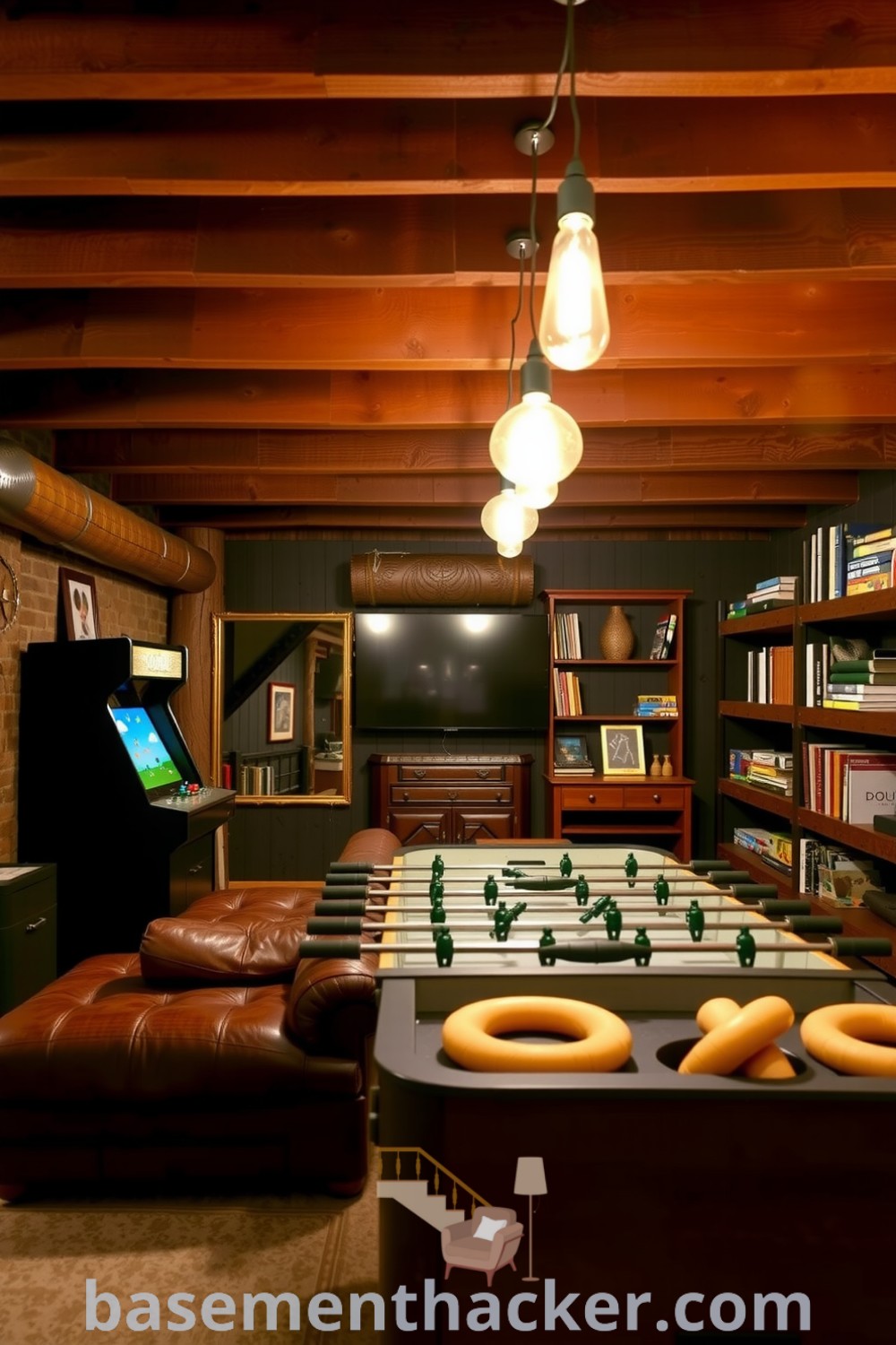 Rustic basement game room with exposed wooden beams, leather couch, vintage arcade cabinet, foosball table, and shelves of books and games, designed for ultimate entertaining, featured on basementhacker.com.