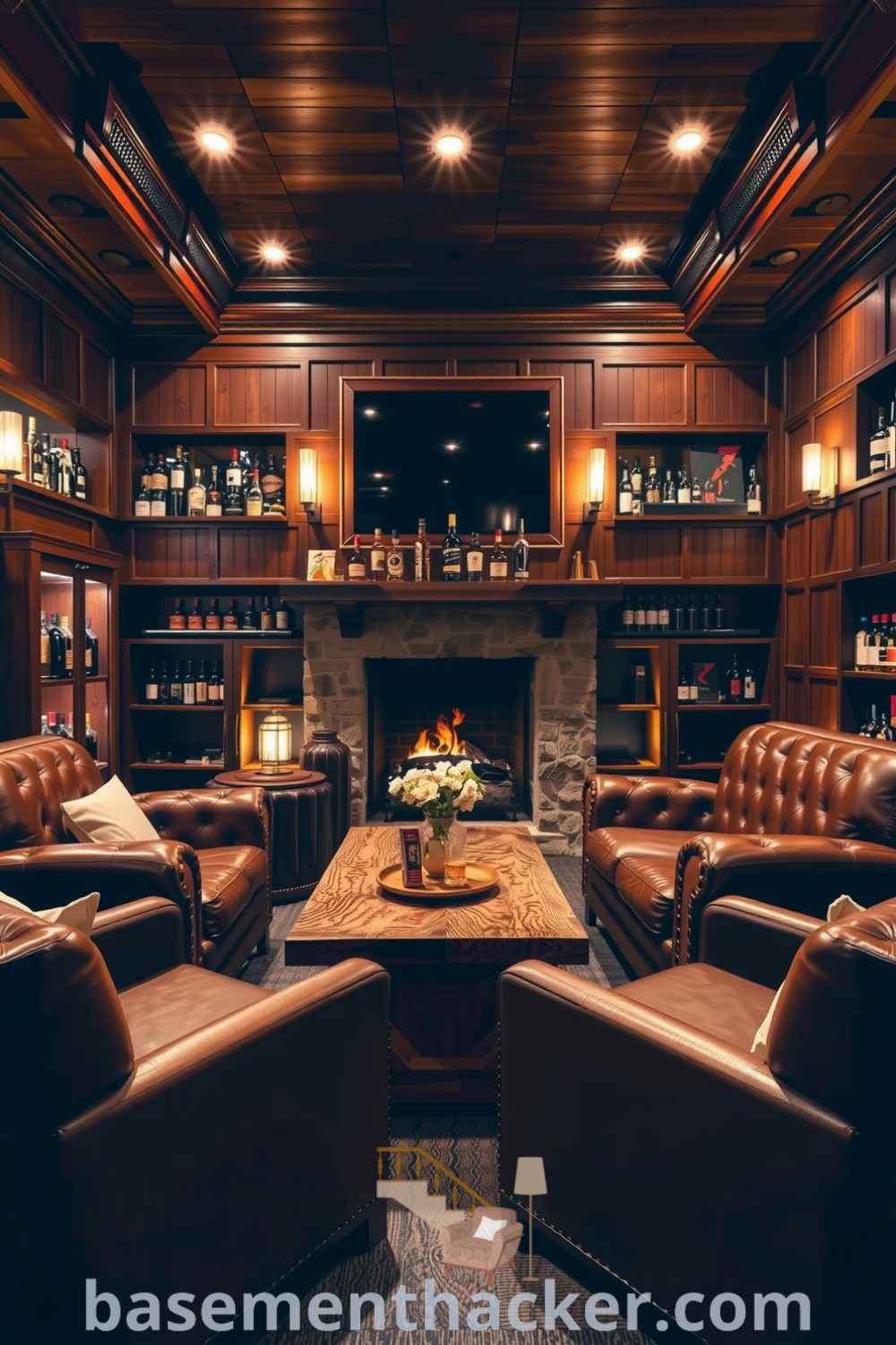 Luxurious basement whiskey lounge featuring rich wooden paneling, copper accents, plush leather armchairs, and a stone fireplace, ideal for ultimate entertaining with cozy warmth and elegance, presented on basementhacker.com.