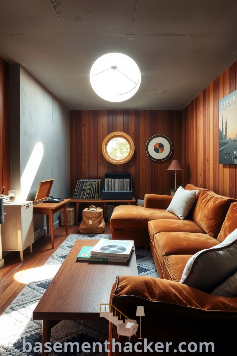 Elegant Mid-Century Modern basement living room with teak coffee table, curved sofa, walnut paneling, and a vintage record player, perfect for stylish and functional home design showcased on basementhacker.com.