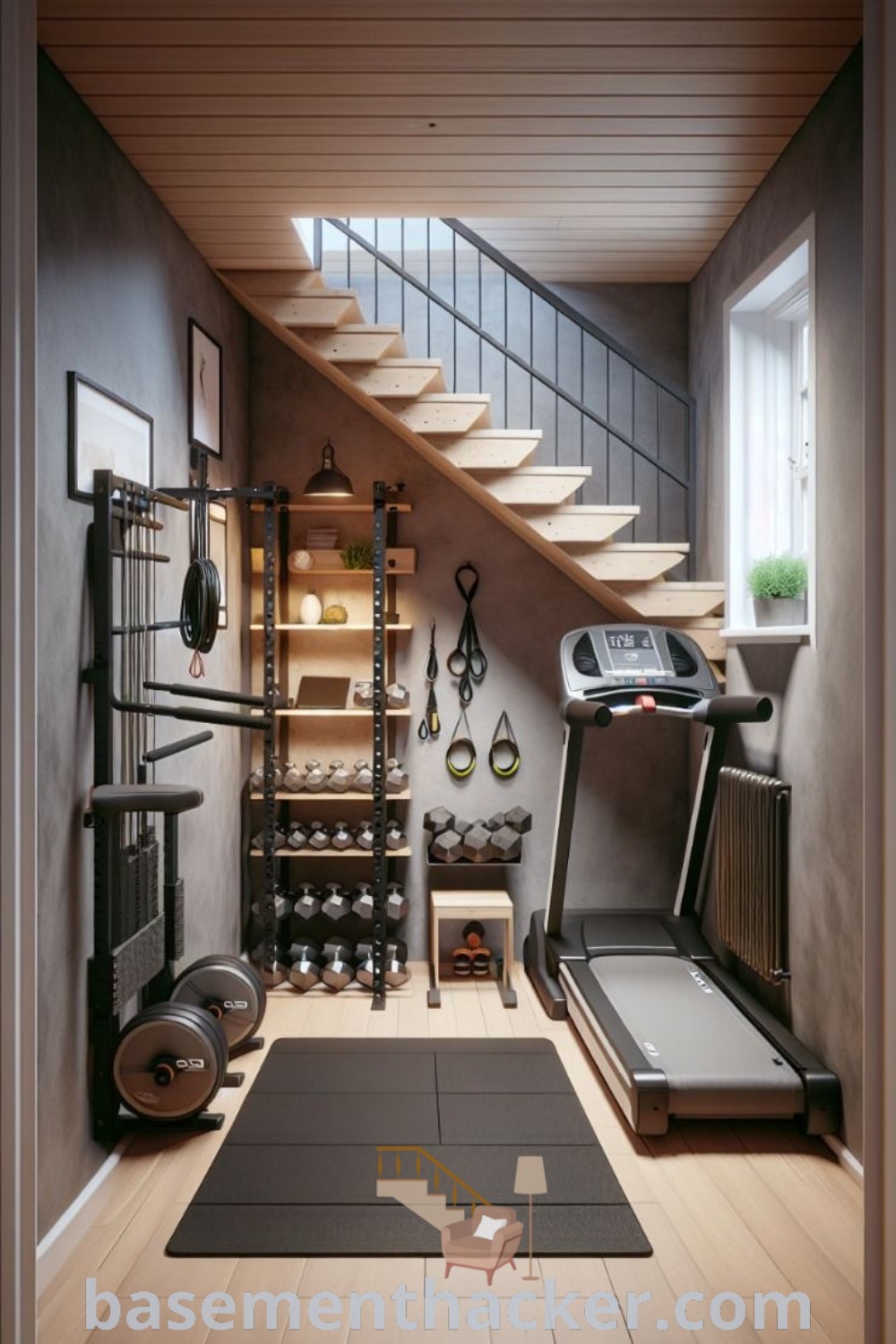 A home gym featuring treadmills and exercise equipment designed for small spaces, illustrating innovative ideas for a stylish and functional bonus space. Discover garage gyms ideas and mini home gym inspirations perfect for small areas at basementhacker.com.