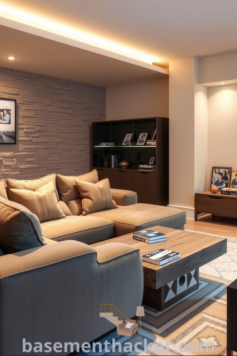 Innovative basement living room with a plush couch, rustic coffee table, ambient lighting, and personal decor ideas for a cozy and organized home, featured on basementhacker.com.