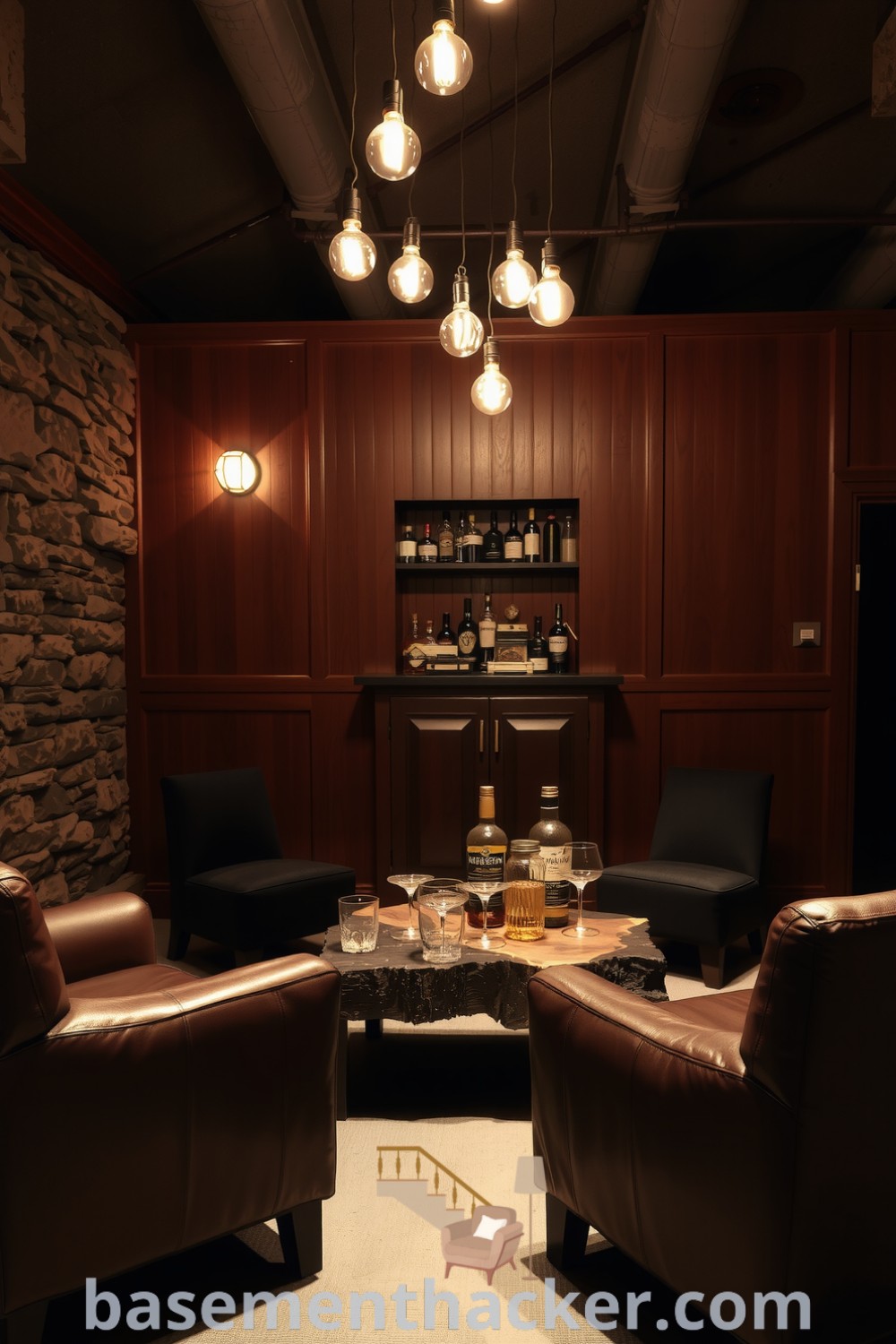 Stylish basement whiskey lounge featuring rich wood paneling, plush leather chairs, and a reclaimed wood coffee table, illuminated by vintage Edison bulbs, perfect for ultimate entertaining, showcased on basementhacker.com.