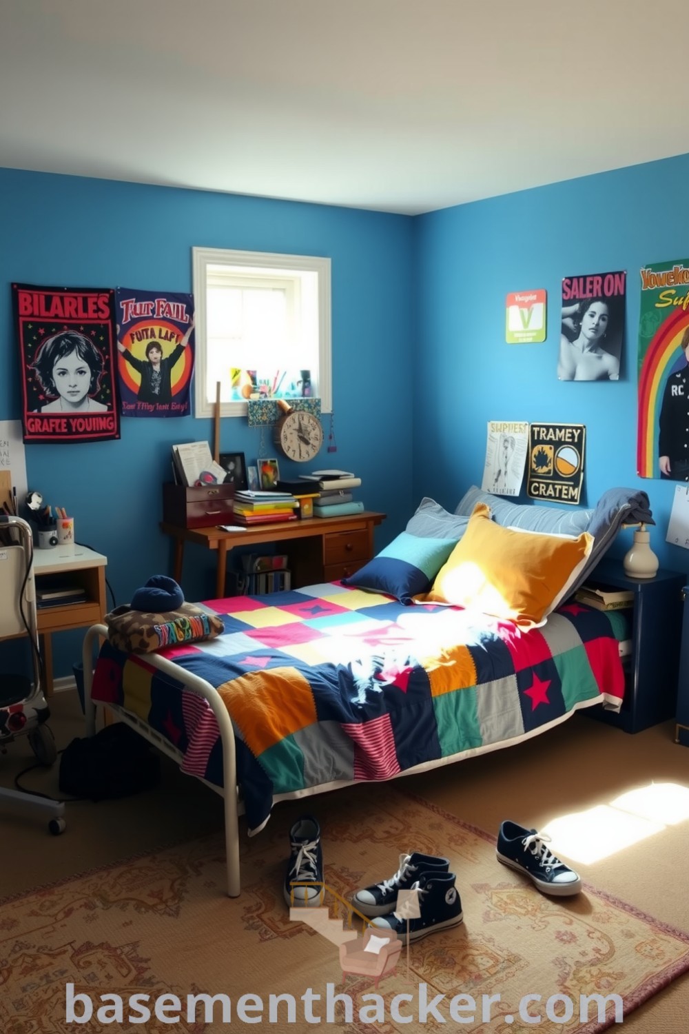 Vibrant teenage basement bedroom featuring blue walls, a well-loved desk with art supplies, a cozy bed with colorful pillows, and posters, designed for creativity and comfort, highlighted on basementhacker.com.