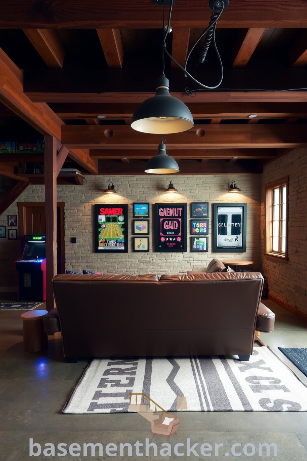 Cozy basement game room with exposed wooden beams, rustic stone walls, a leather couch, vintage arcade machine, and framed game posters, perfect for a stylish bonus space, showcased on basementhacker.com.