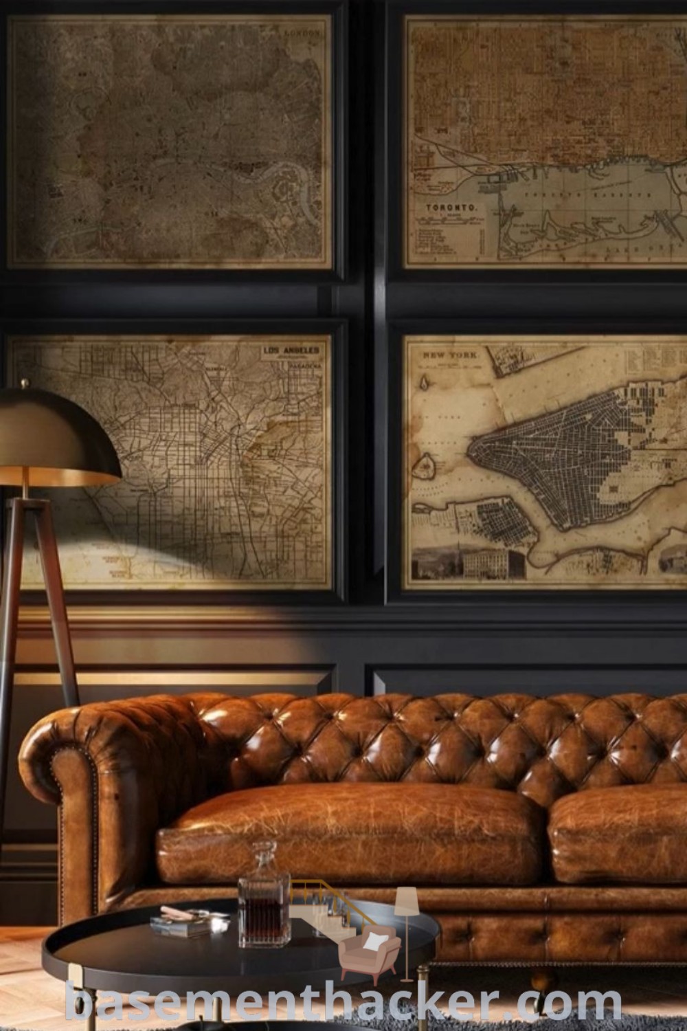 A brown leather couch in a gentleman-style office setting, featuring a wall decorated with pictures. This masculine lounge embodies dark British aesthetic and Ralph Lauren interiors, providing stylish and functional ideas for basementhacker.com. Discover innovative ideas for designing a classy man cave that is perfect for ultimate entertaining and relaxation.