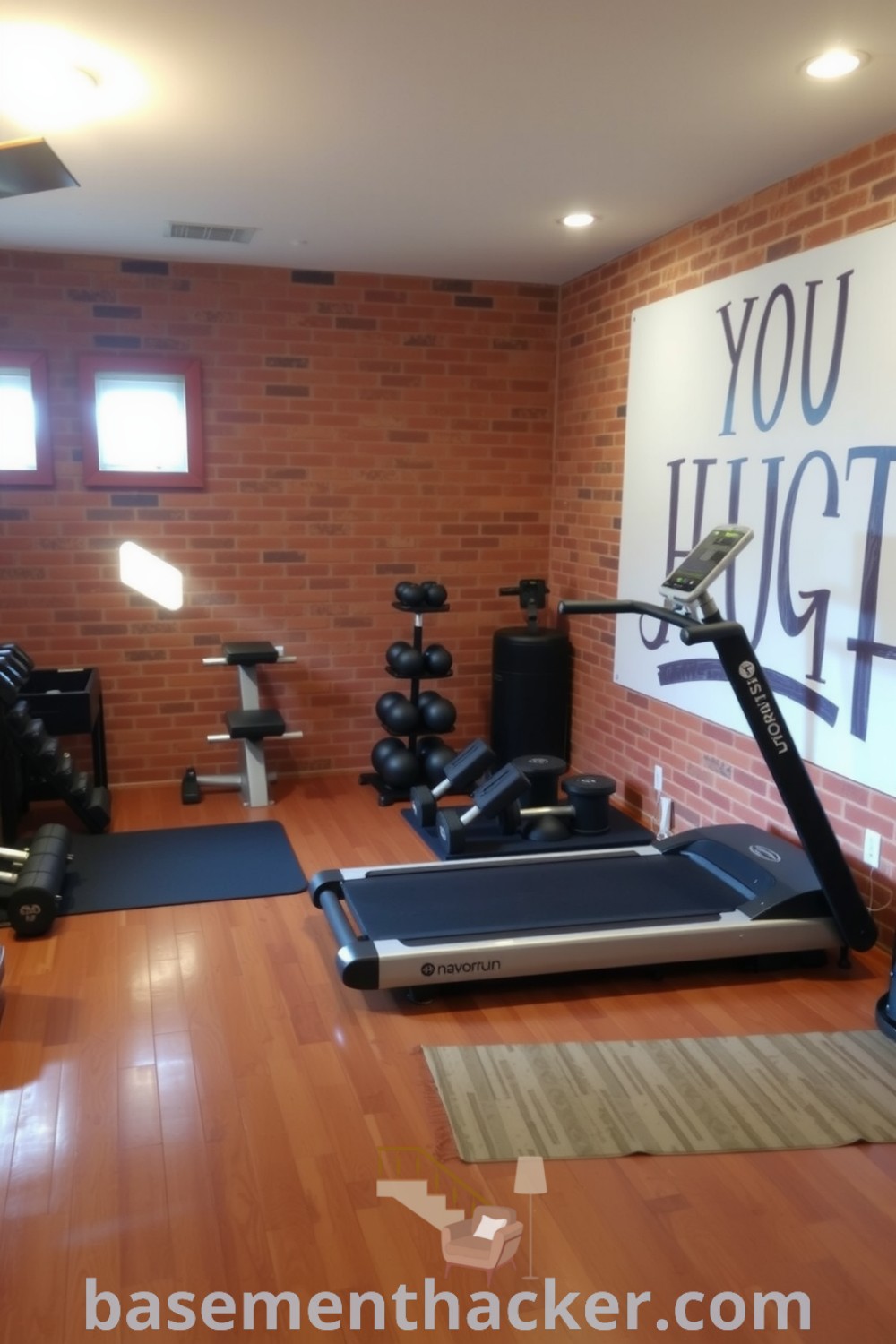 Warm basement fitness room with wooden flooring and exposed brick walls, featuring free weights, a treadmill, and a motivational mural, ideal for a cozy and functional space, represented on basementhacker.com.