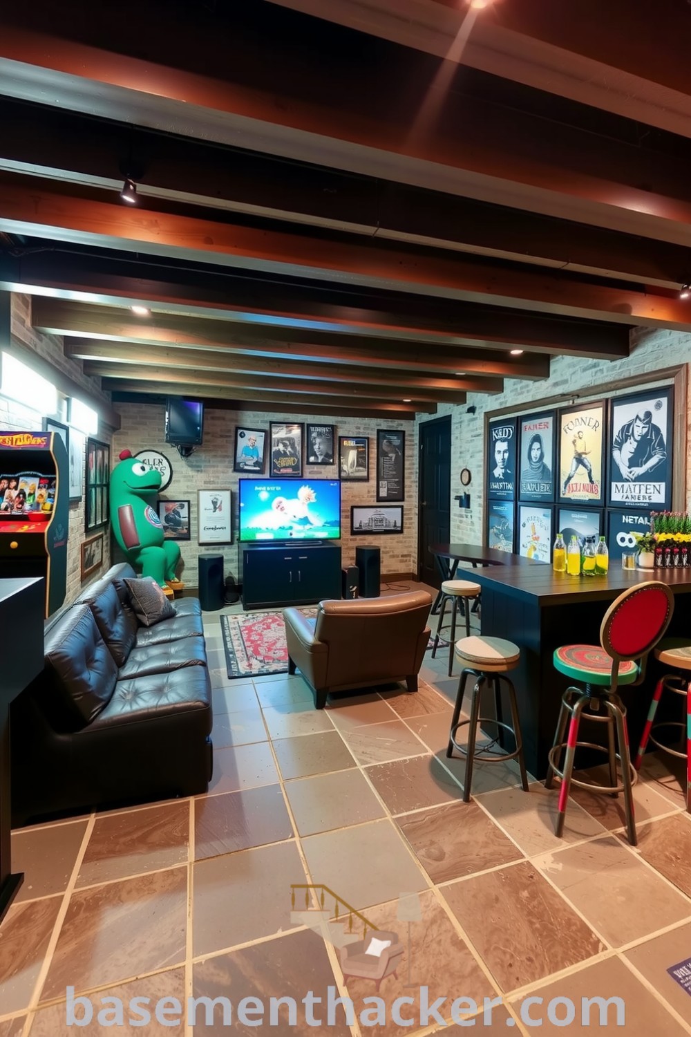 Cozy basement game room with a slate floor, wooden beams, oversized TV, antique arcade machine, and bar area, ideal for ultimate entertaining and stylish lounging, showcased on basementhacker.com.