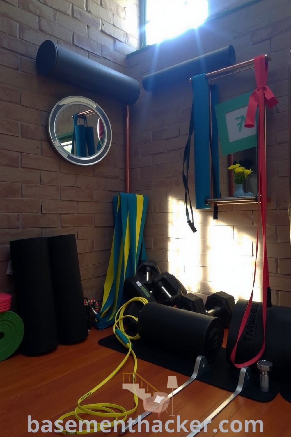 Inviting basement fitness room featuring stone walls, wooden flooring, weights, and yoga mats, designed for a stylish and functional home, ideal for workouts and stretching sessions, featured on basementhacker.com.