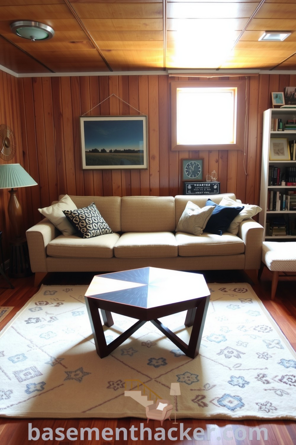 Cozy mid-century modern basement living room featuring a plush retro-style sofa, geometric coffee table, and warm oak paneling, ideal for a stylish and functional home design, showcased on basementhacker.com.