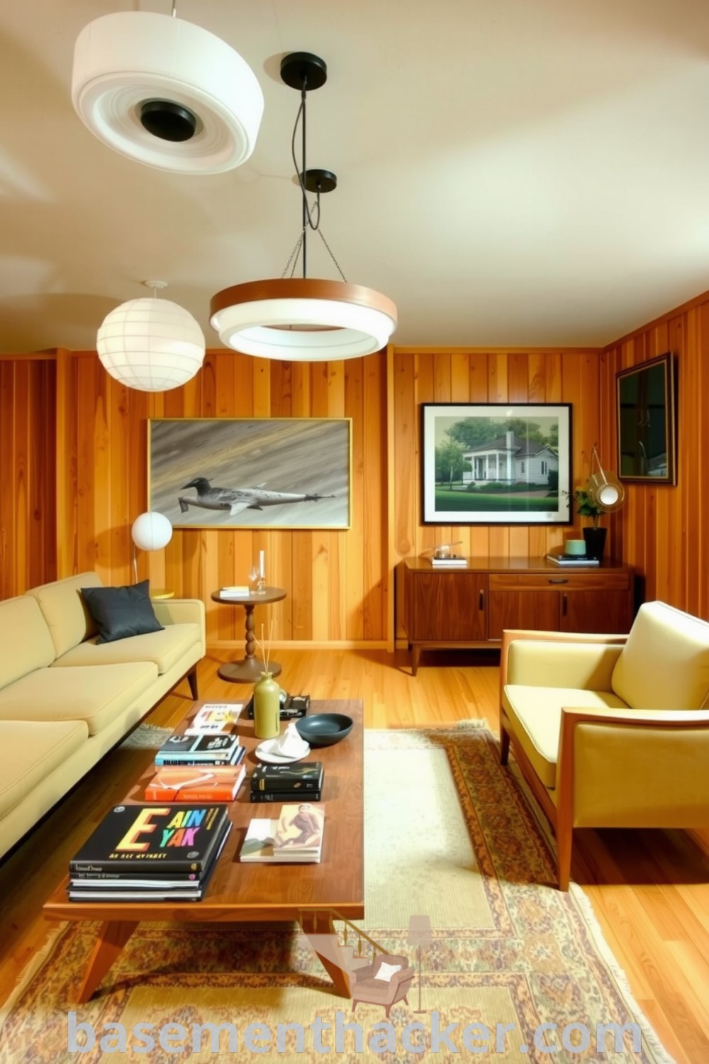 Mid-Century Modern basement living room with wooden paneling, a sleek sofa, retro coffee table, and vintage rug, designed for a stylish and functional home, featured on basementhacker.com.
