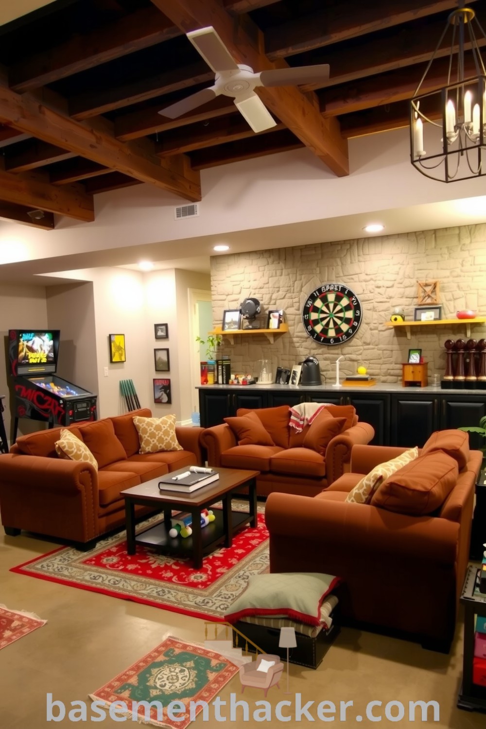 Inviting basement game room featuring a plush oversized sofa, rustic stone accent wall, vintage pinball machine, and dartboard, creating a cozy atmosphere ideal for ultimate entertaining, as showcased on basementhacker.com.
