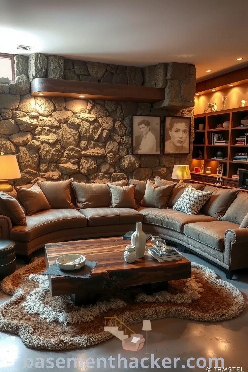 Stylish basement living room featuring a plush oversized sectional, exposed stone walls, and polished wooden accents, perfect for casual gatherings or cozy evenings, showcased on basementhacker.com.