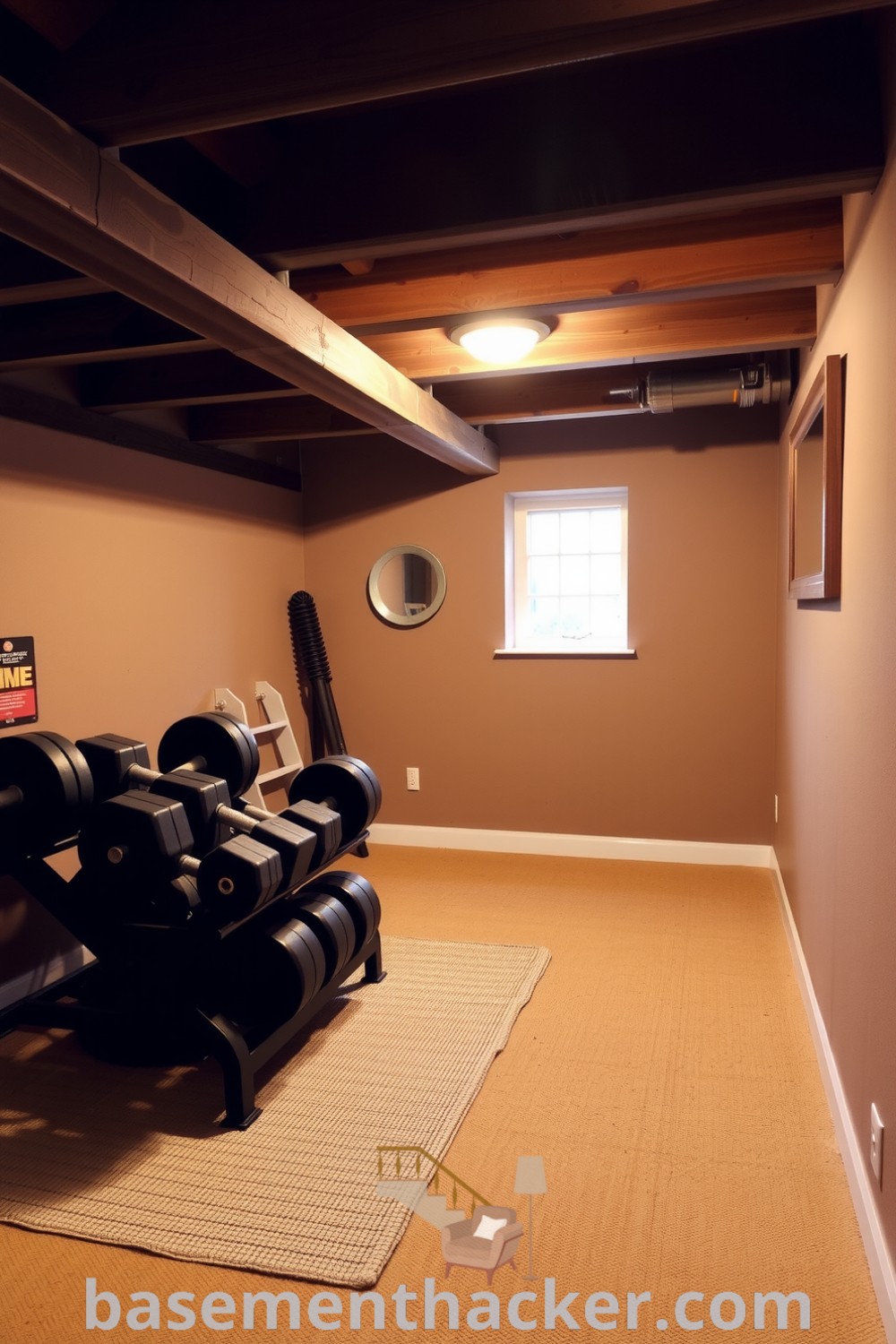 Rustic basement fitness room with exposed wooden beams, warm taupe walls, jute rug, free weights, and wall-mounted mirror, offering innovative ideas for designing a stylish and functional home space, showcased on basementhacker.com.