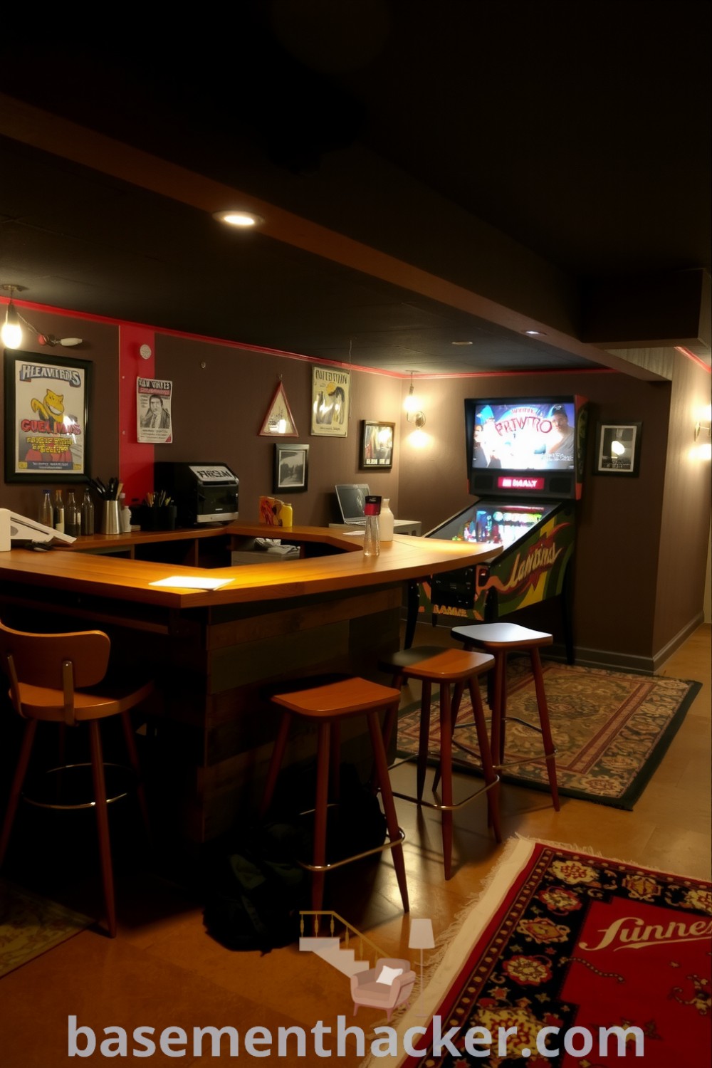 Charming basement game room featuring a rustic bar, vintage pinball machine, and cozy decor ideas for a stylish and functional home design, as showcased on basementhacker.com.