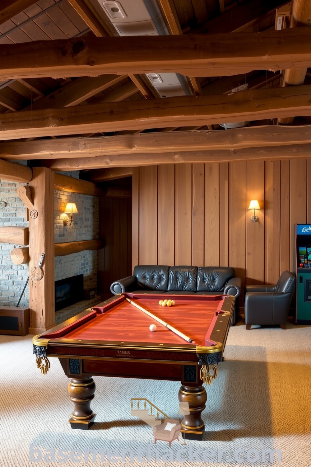 Rustic basement game room with exposed wood beams, a pool table, plush couch, and vintage arcade machine, perfect for ultimate entertaining and stylish family gatherings, featured on basementhacker.com.