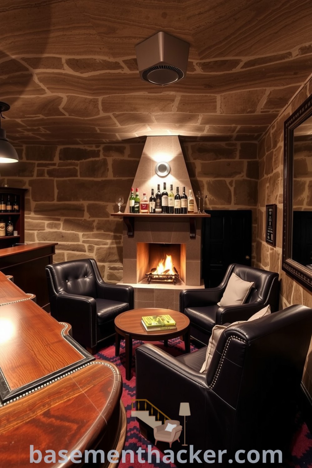Exquisite basement whiskey lounge featuring exposed stone walls, rich wooden bar, plush leather armchairs around a coffee table, and a crackling fireplace, perfect for a cozy ambiance and ultimate entertaining, as seen on basementhacker.com.