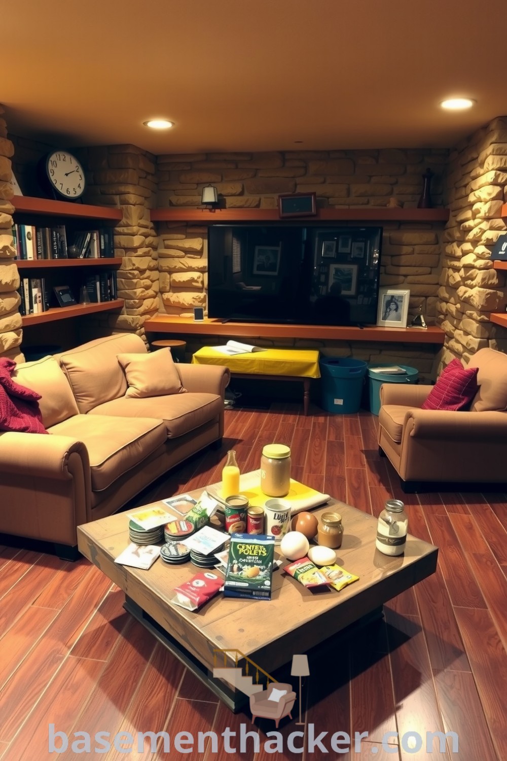 Spacious basement living room featuring a plush couch, rustic wooden shelves, and warm yellow lighting, ideal for casual gatherings or movie nights, with innovative ideas for designing a cozy and stylish bonus space on basementhacker.com.