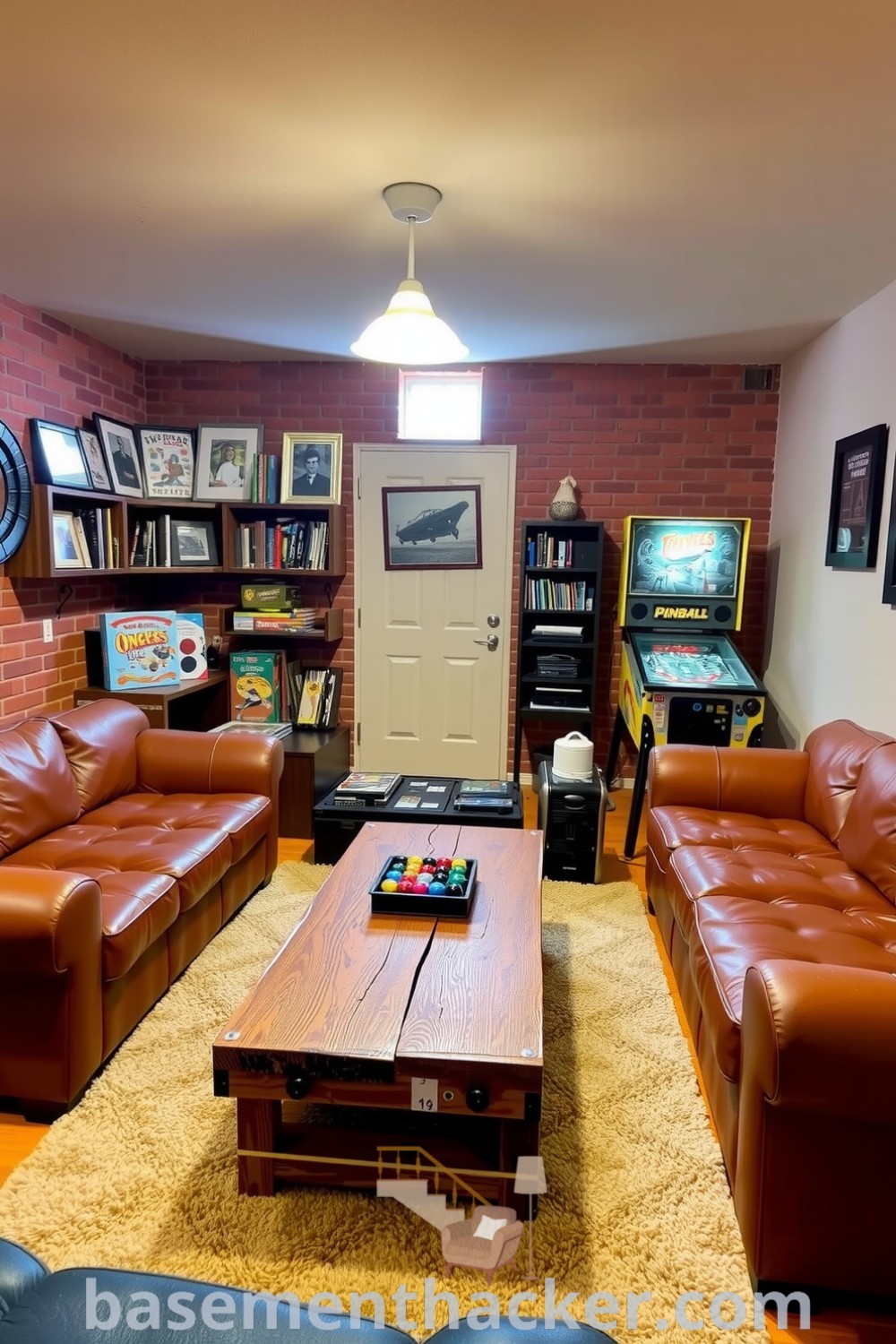 Inviting basement game room featuring a leather couch, rustic coffee table, shelves of board games, vintage pinball machine, and warm decor ideas for a cozy space, showcased on basementhacker.com.
