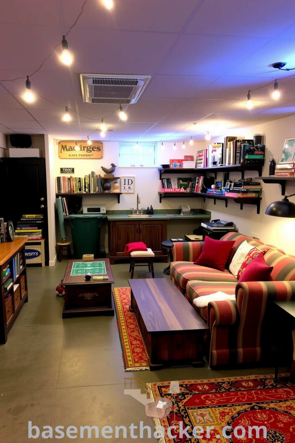 Inviting basement game room featuring a plush couch, antique coffee table, colorful rugs, shelves with vintage games and books, fairy lights, and a kitchenette, showcasing innovative basement makeover ideas for a stunning revamp on basementhacker.com.