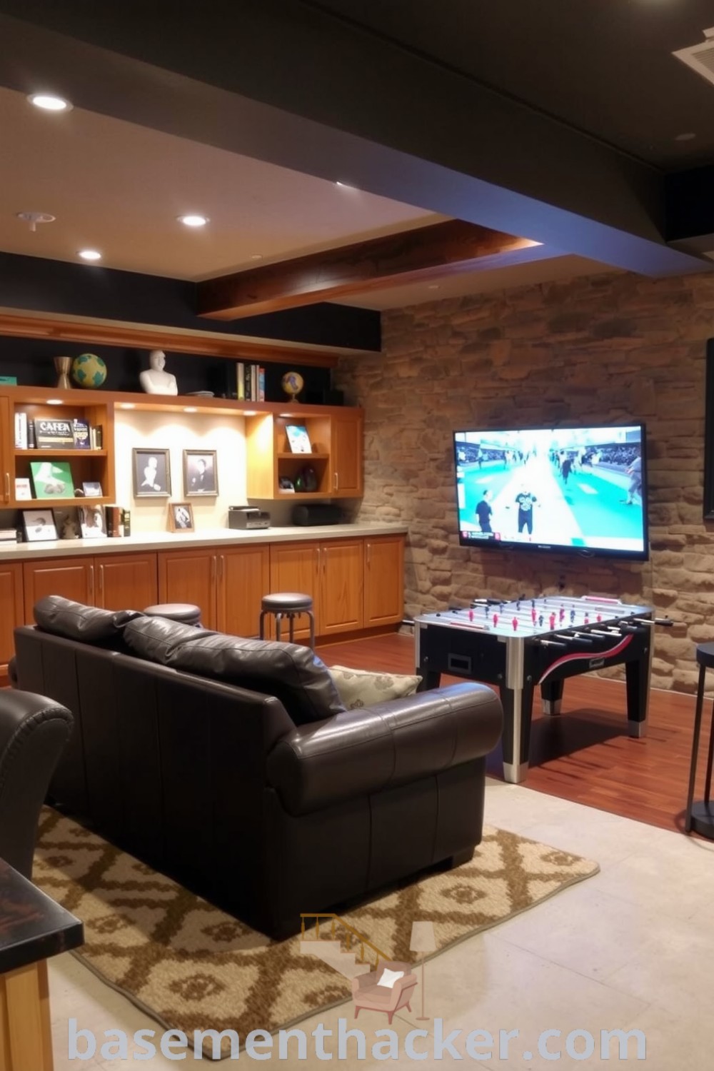 Inviting basement game room featuring a wooden bar, leather couch, and exposed stone walls, ideal for ultimate entertaining. Explore innovative ideas for a stylish bonus space on basementhacker.com.