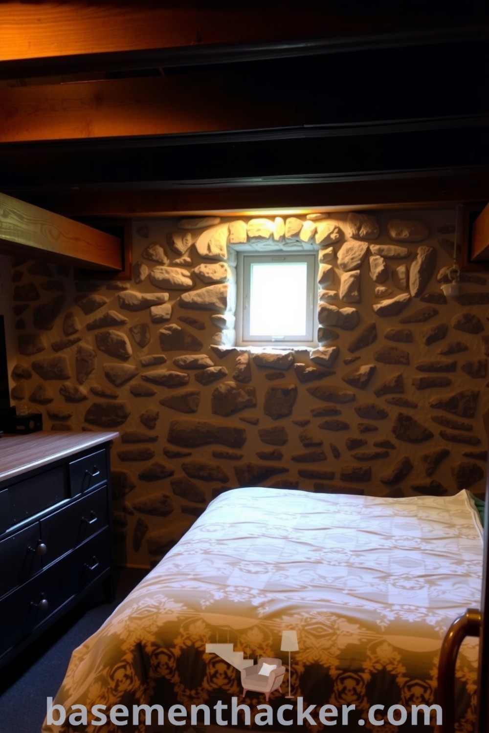 Serene basement bedroom featuring a plush queen-sized bed, rustic stone walls, and wooden beams, designed to create a cozy retreat for ultimate relaxation, showcased on basementhacker.com.