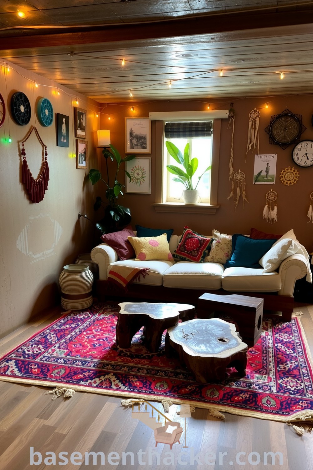 Cozy bohemian basement living room with eclectic furnishings, a faded Persian rug, and handmade coffee tables, featuring fairy lights and colorful artworks, ideal for innovative basement makeover ideas for a stunning revamp showcased on basementhacker.com.