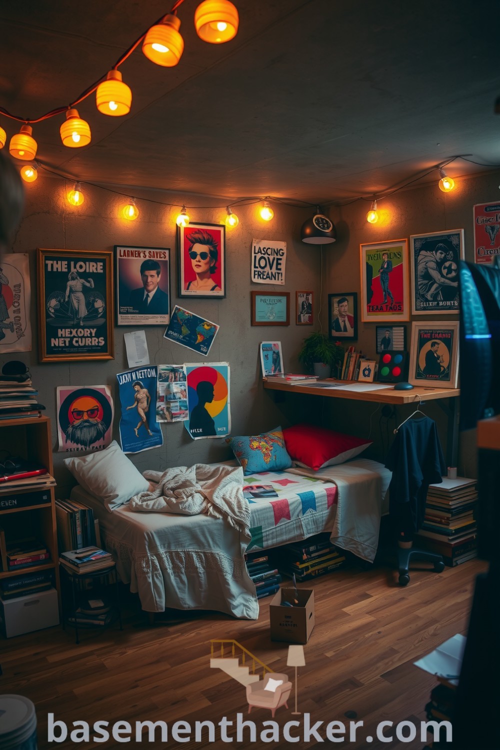 Eclectic basement bedroom featuring vintage posters, a twin bed with a well-worn bedspread, stacks of books, and art supplies, all illuminated by fairy lights for a cozy atmosphere, featured on basementhacker.com.