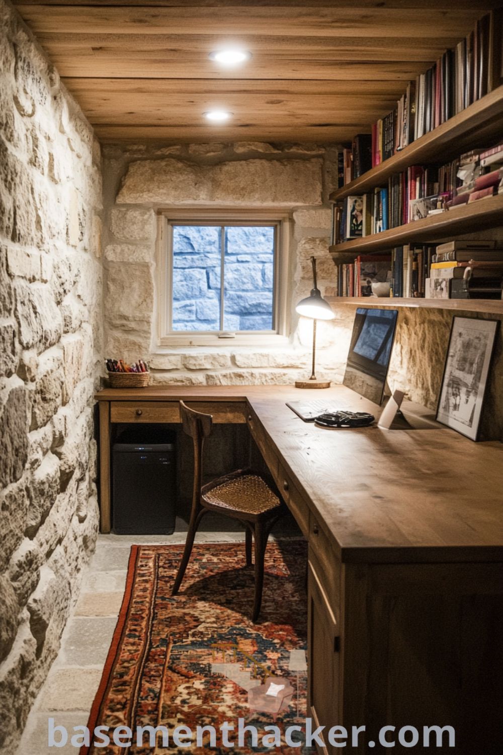 Cozy basement office with stone walls, wooden desk, and shelves filled with books and mementos, creating a warm ambiance for productivity, featured on basementhacker.com.