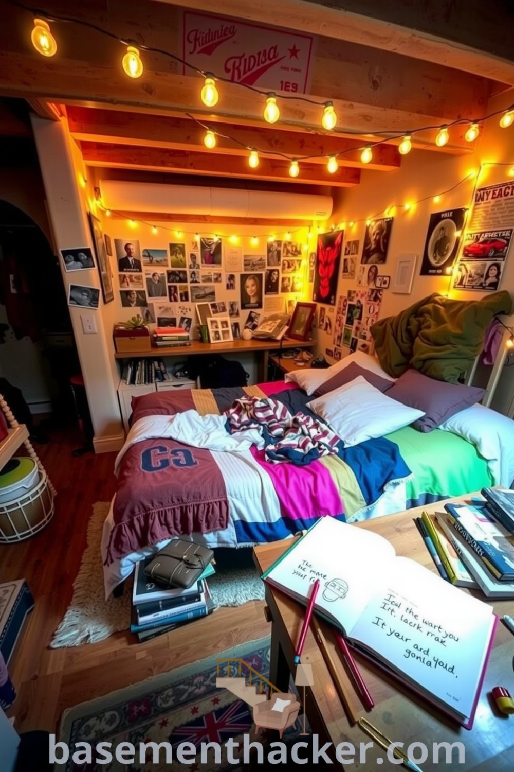 Teen basement bedroom featuring warm fairy lights, colorful blankets, a collection of posters and photos, a wooden desk with books and an open notebook, and a cozy rug, designed for a stylish and functional home, showcased on basementhacker.com.