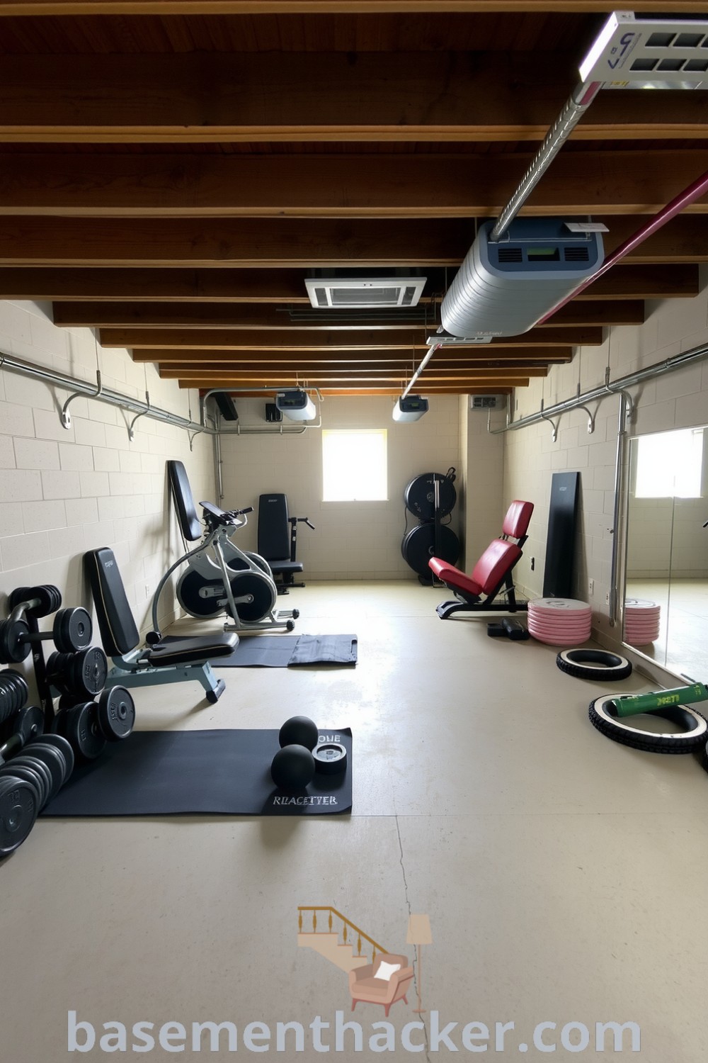 Rustic basement gym featuring exposed wooden beams, neat exercise mats, weights, a large mirror, and gentle ventilation, creating a stylish and functional workout space for all fitness enthusiasts, featured on basementhacker.com.