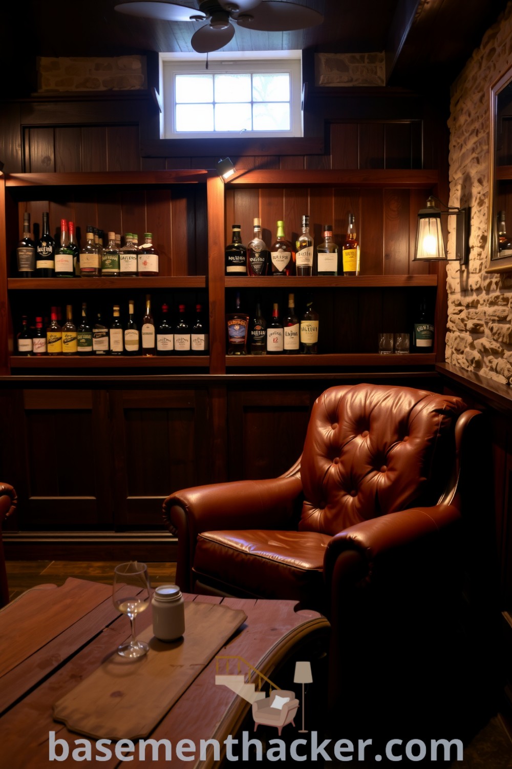 Inviting basement whiskey lounge featuring dark wood accents, plush leather armchair, rustic coffee table, and wall-mounted whiskey shelves, ideal for ultimate entertaining and stylish home design, showcased on basementhacker.com.
