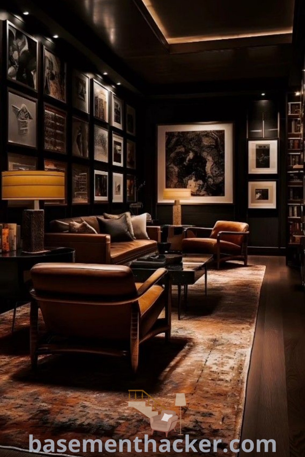 A cozy living room designed as a masculine bar room with plenty of furniture, pictures on the wall, and bookshelves. This dark moody man cave incorporates modern speakeasy aesthetics, ideal for ultimate entertaining. Discover innovative ideas for designing your space at basementhacker.com.