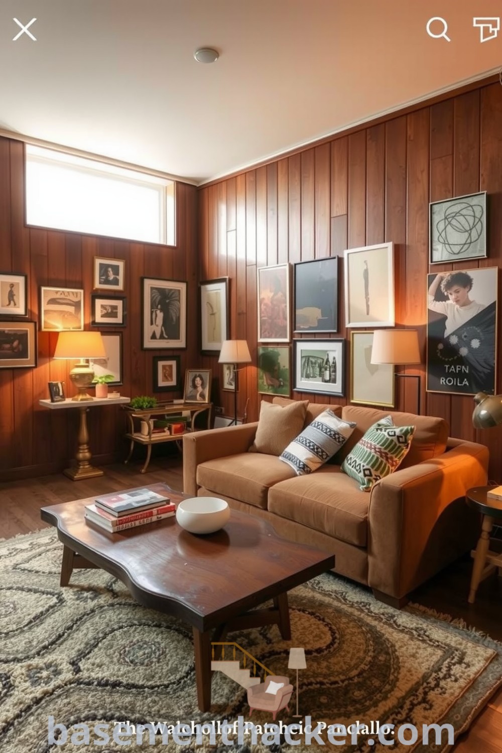 Mid-century modern basement living room featuring a walnut coffee table, curvy sofa, natural light, and vintage lamps, ideal for stylish and functional home design, showcased on basementhacker.com.