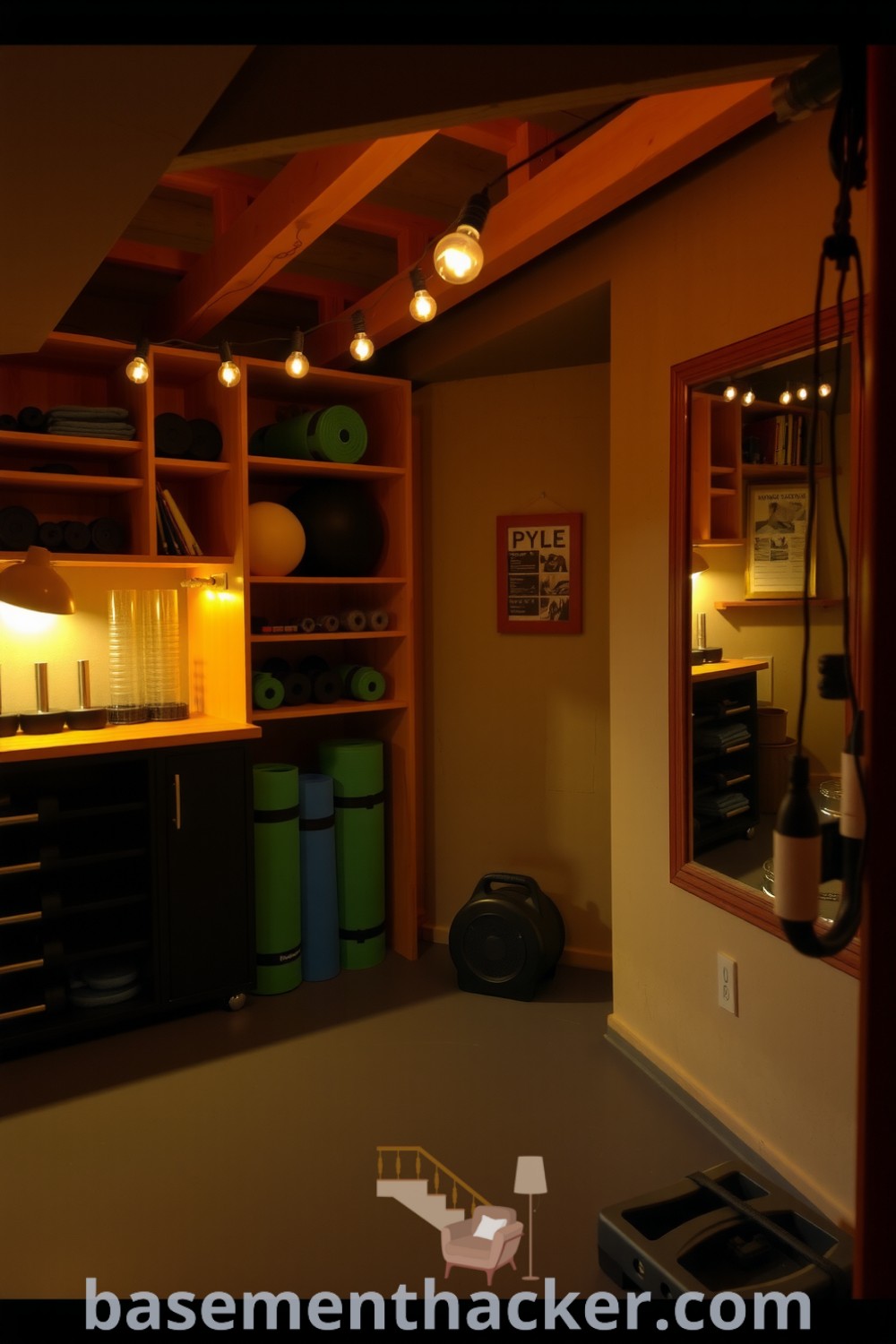 Cozy basement home gym featuring dim lighting, wooden shelving with weights and yoga mats, a rubber floor for safety, and a motivational wall mirror, showcased on basementhacker.com.